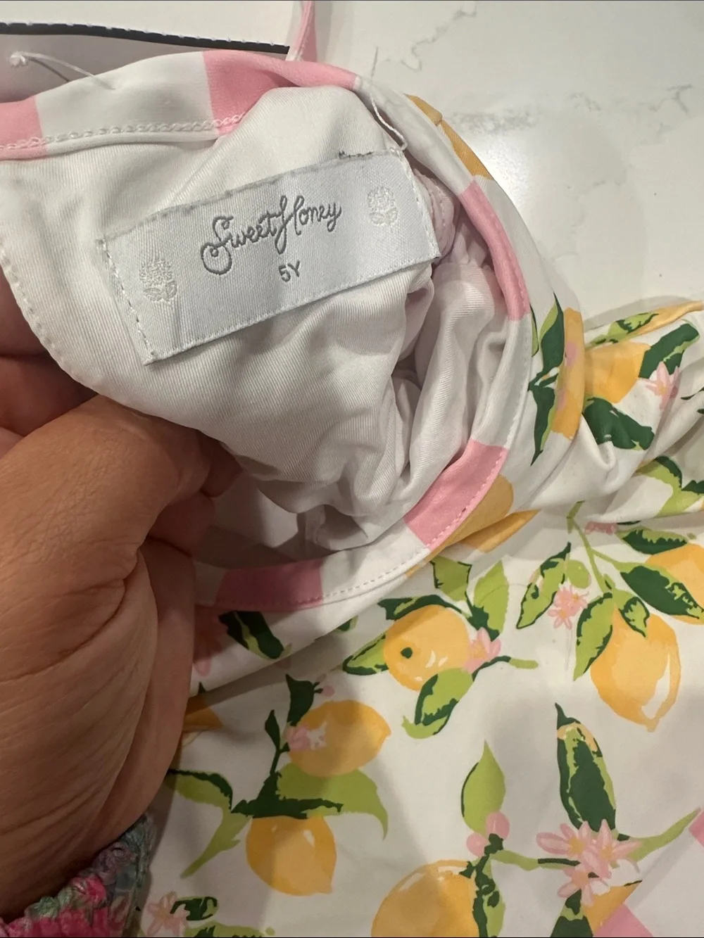 Sweethoney Lemon, white, pink striped bathing suit top girls size 5 TOP ONLY